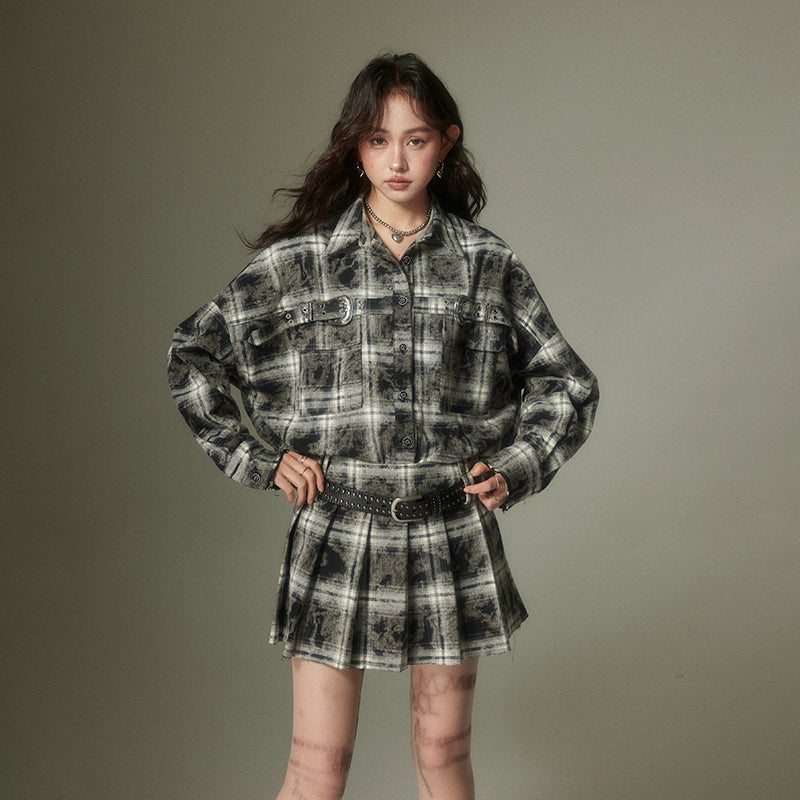 Maillard Style Contrast Plaid Shirt & Pleated Skirt