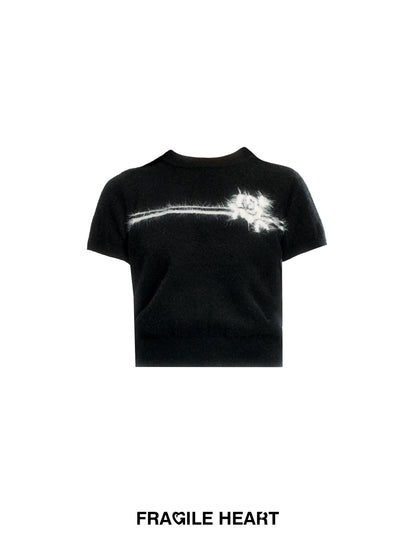 Flower Motif Puff-Sleeve Knit Top