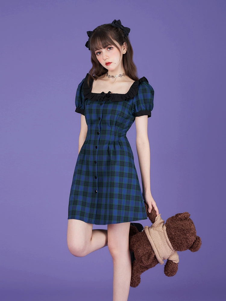 Plaid Frilled Square Neck Short Dress Fitted At Waist