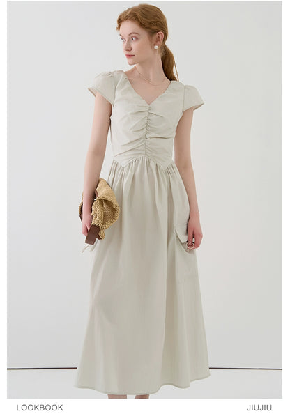 Gathered Puff-Sleeve Dress With Drawstring Pockets
