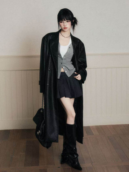 Double-Breasted Wrinkled Faux-Leather Overcoat