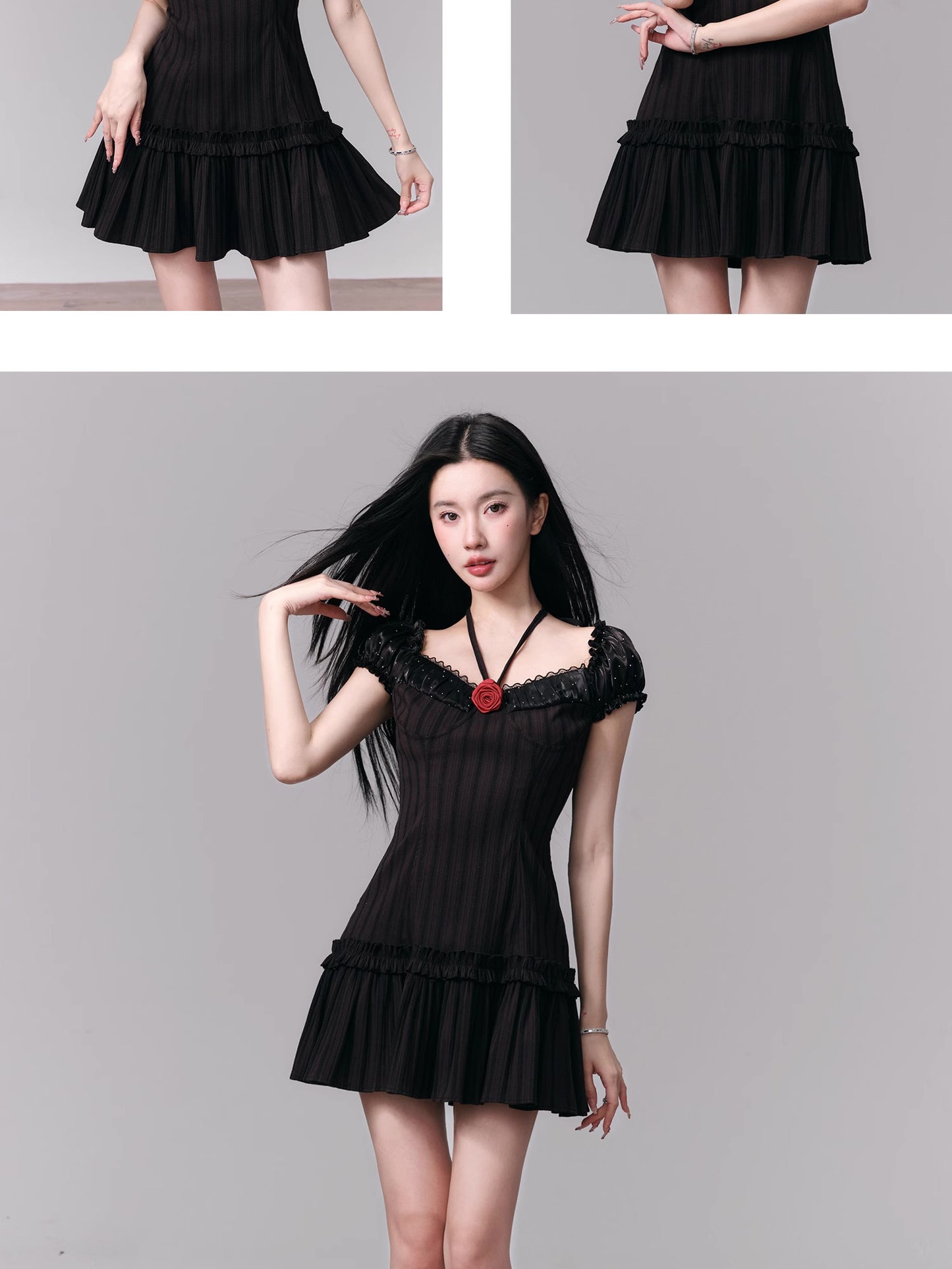 Rose Striped Stretchy Short Ruffled Dress