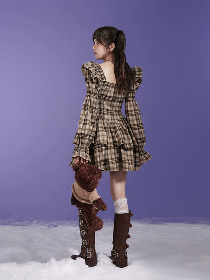 Bow Detail Frilled Puffy Sleeved Plaid Tiered Short Dress