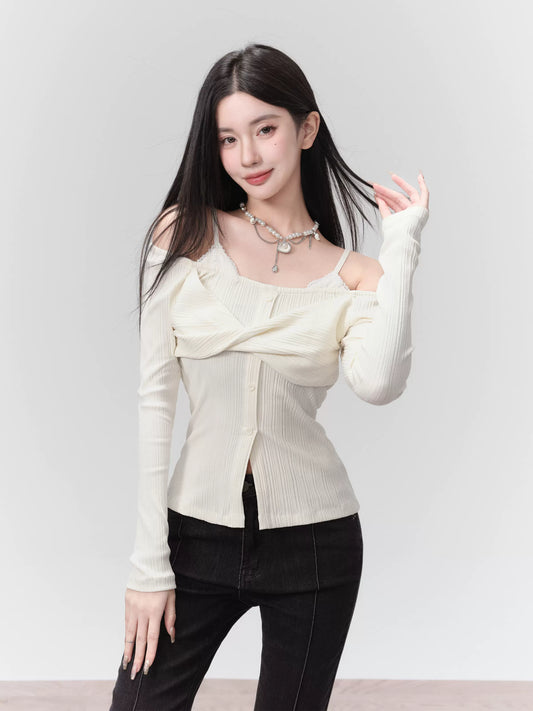 Fake Two-Piece Slim Fit Knit Top With Knot Accent