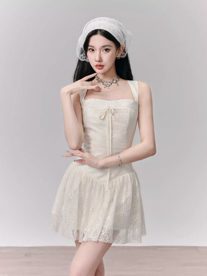 Jacquard Lace Layered Short Dress With Wide Shoulders