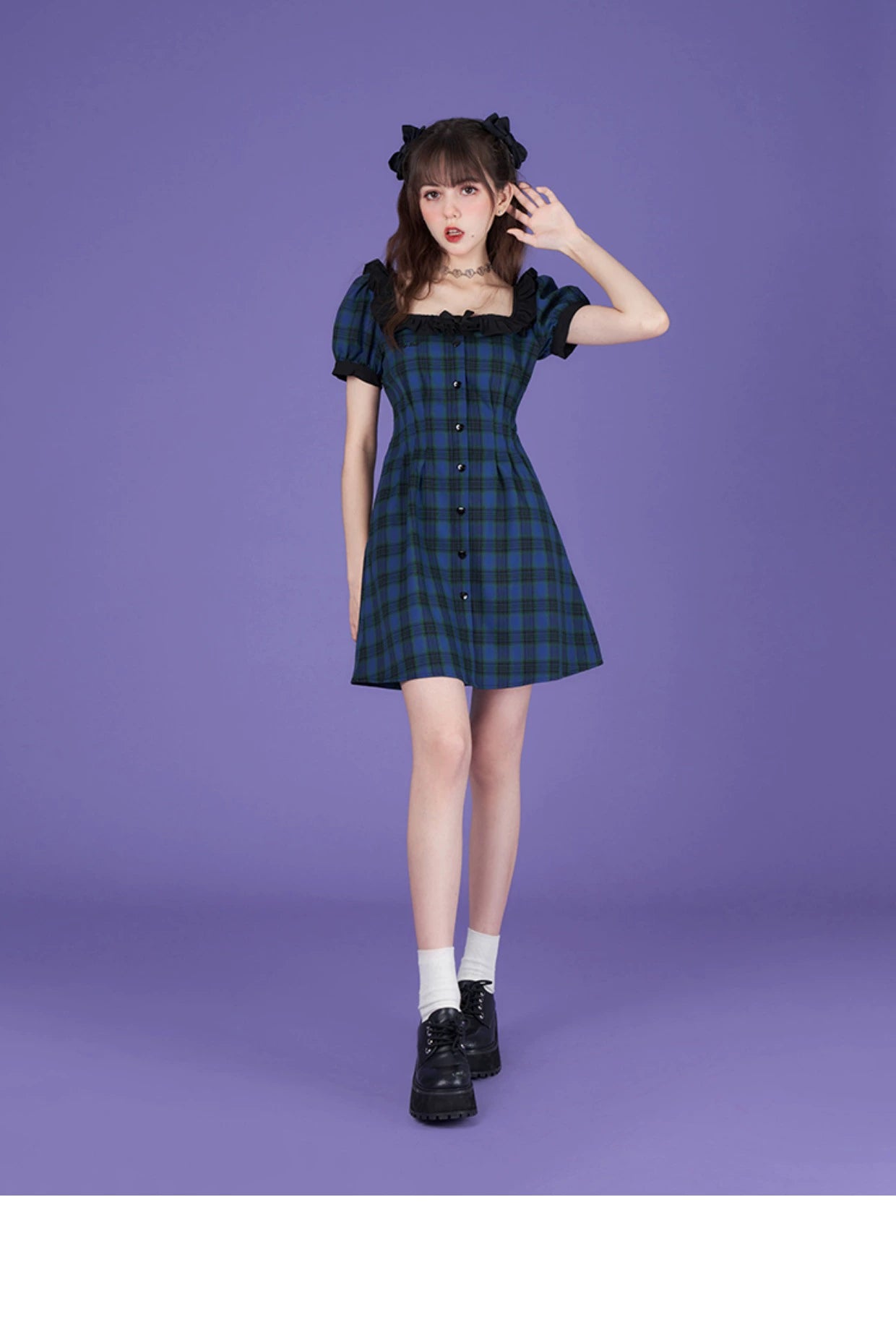 Plaid Frilled Square Neck Short Dress Fitted At Waist