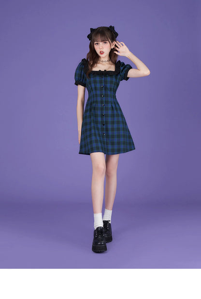 Plaid Frilled Square Neck Short Dress Fitted At Waist