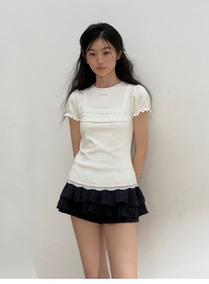 Mixed Fabric Multi-Layer Puffy Skort