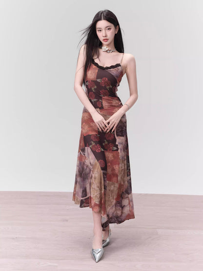 Rose Floral Print Lace Trim Shirring Waist Camisole Dress