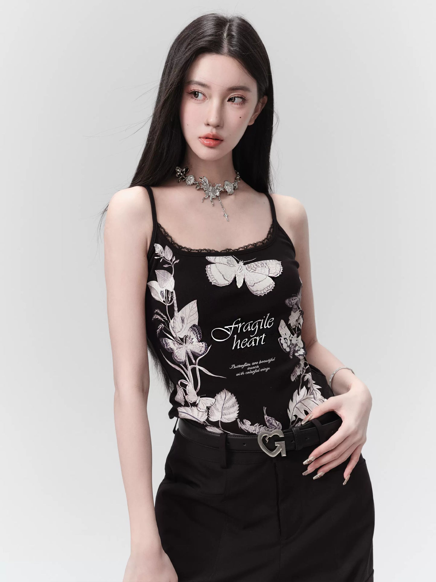 Butterfly Print Lace Trimmed Elastic Camisole Top