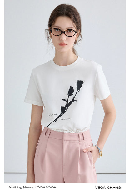 Minimal Flower Contrast Print Round Neck T-Shirt