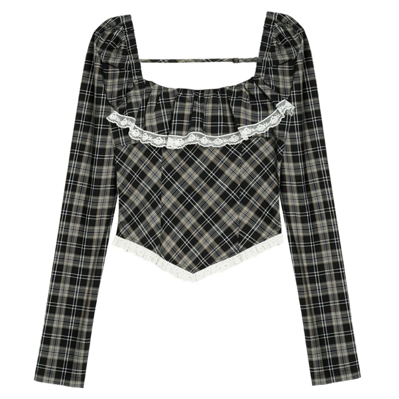 Square Collar Plaid Long-Sleeved Shirt Blouse