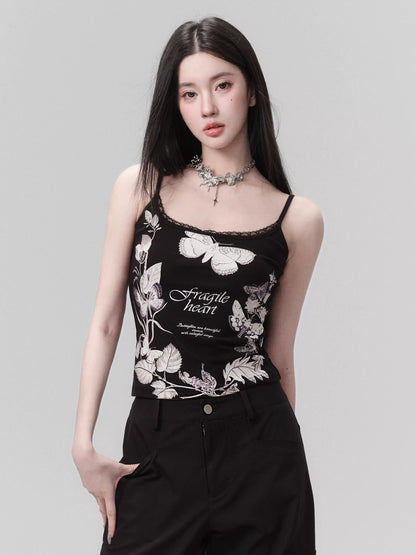 Butterfly Print Lace Trimmed Elastic Camisole Top