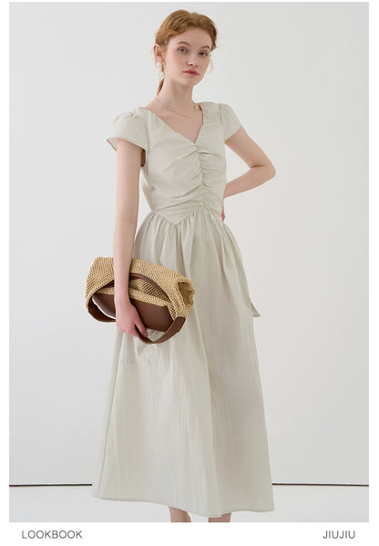 Gathered Puff-Sleeve Dress With Drawstring Pockets
