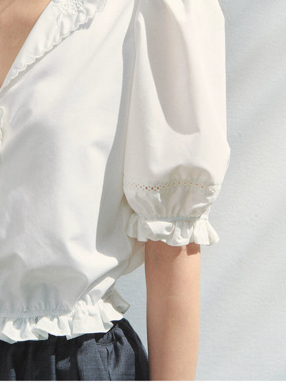 Embroidered V-Neck Blouse With Elbow-Length Sleeves