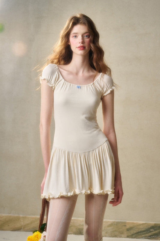 Elastic Frill Rib Knit Dress With Gingham Bow