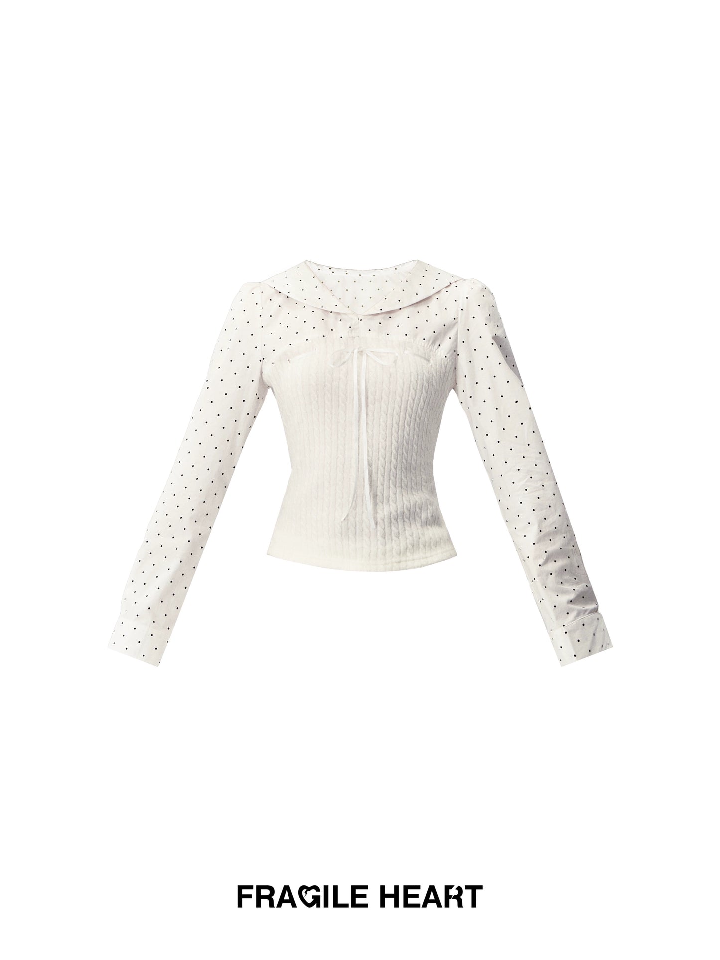 Sailor-Collar Polka Dot Knit-Panel Blouse