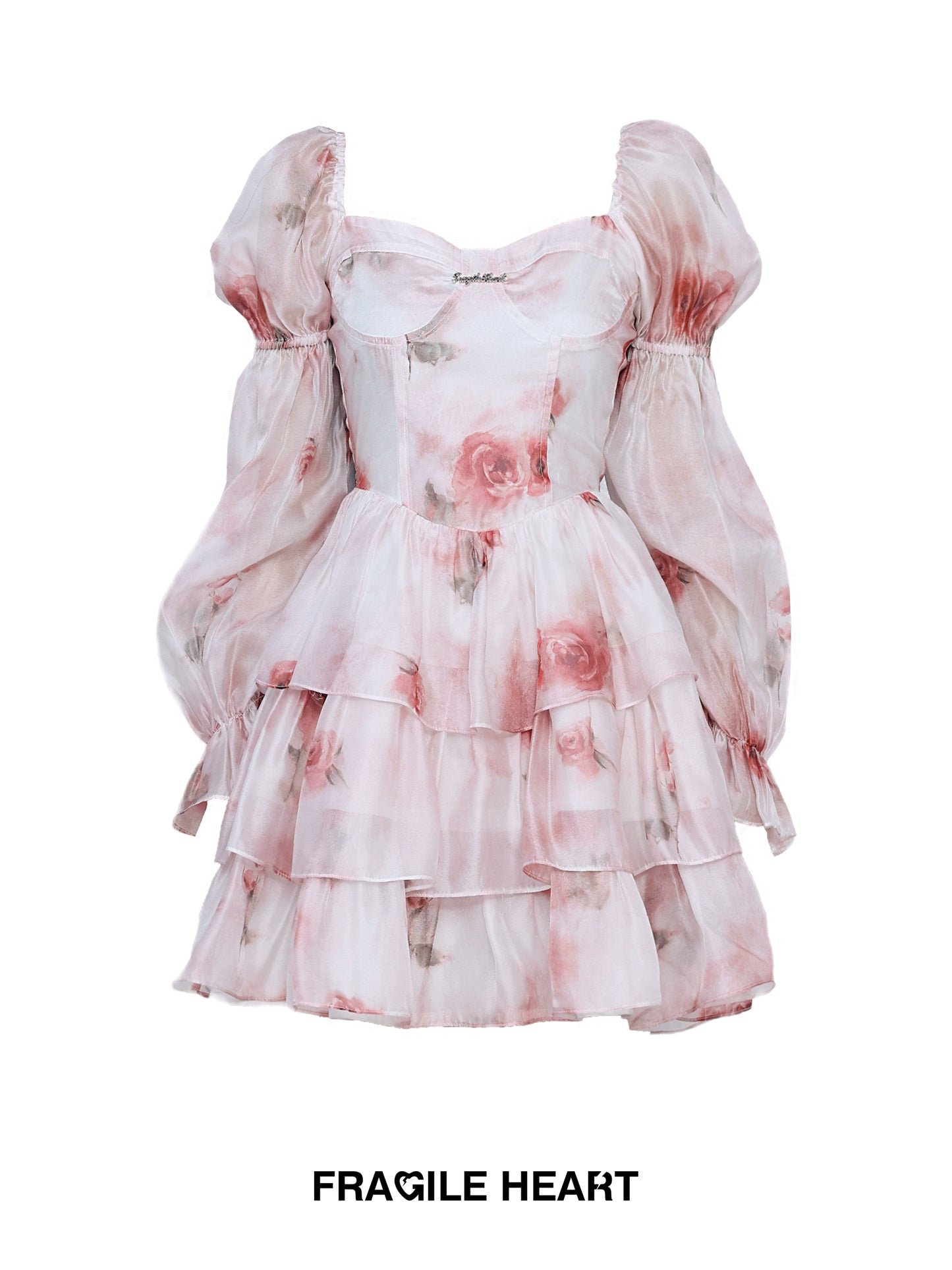 Rose Patterns Princess Fairy Puff Sleeve Miniskirt Dress