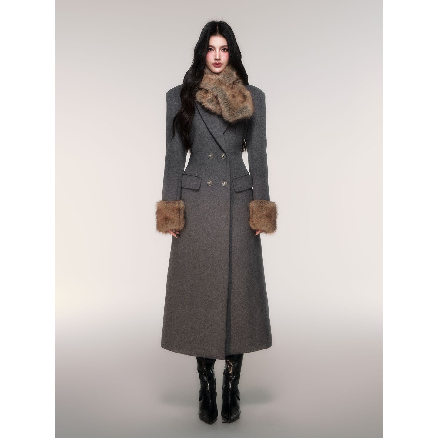 Double Breasted Long Coat with Detachable Scarf