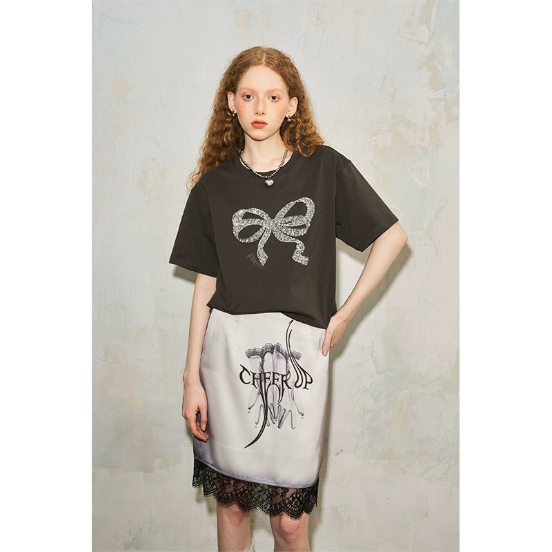 Bow Sequin Embroidery Loose Round Neck Short-sleeved T-shirt