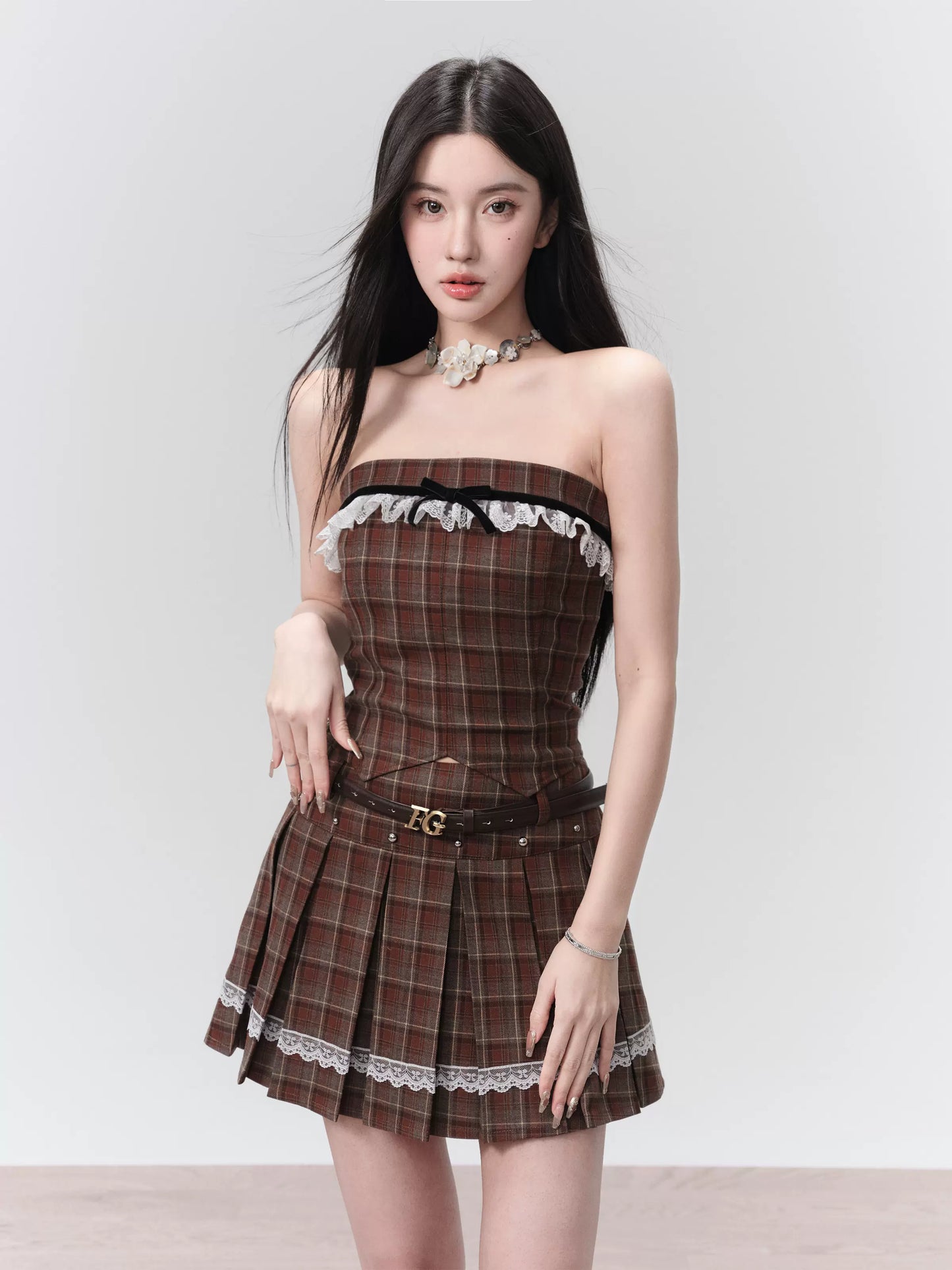 Mix And Match Plaid Frilled Tube Top And Pleated Mini Skirt