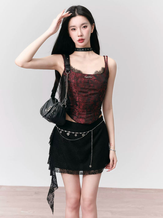 Rose Layered Jacquard Lace Camisole Top With Double Straps