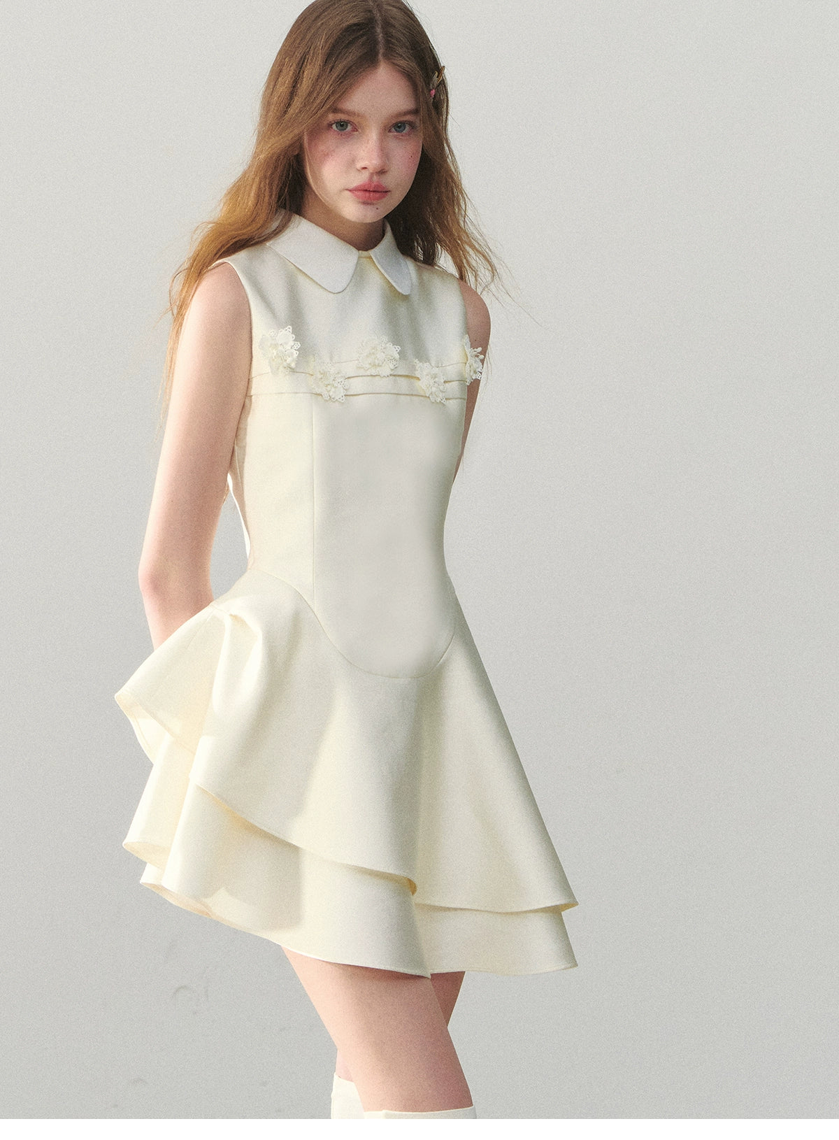 Structured Asymmetric Satin Dress With Peter Pan Collar