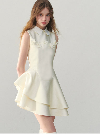 Structured Asymmetric Satin Dress With Peter Pan Collar