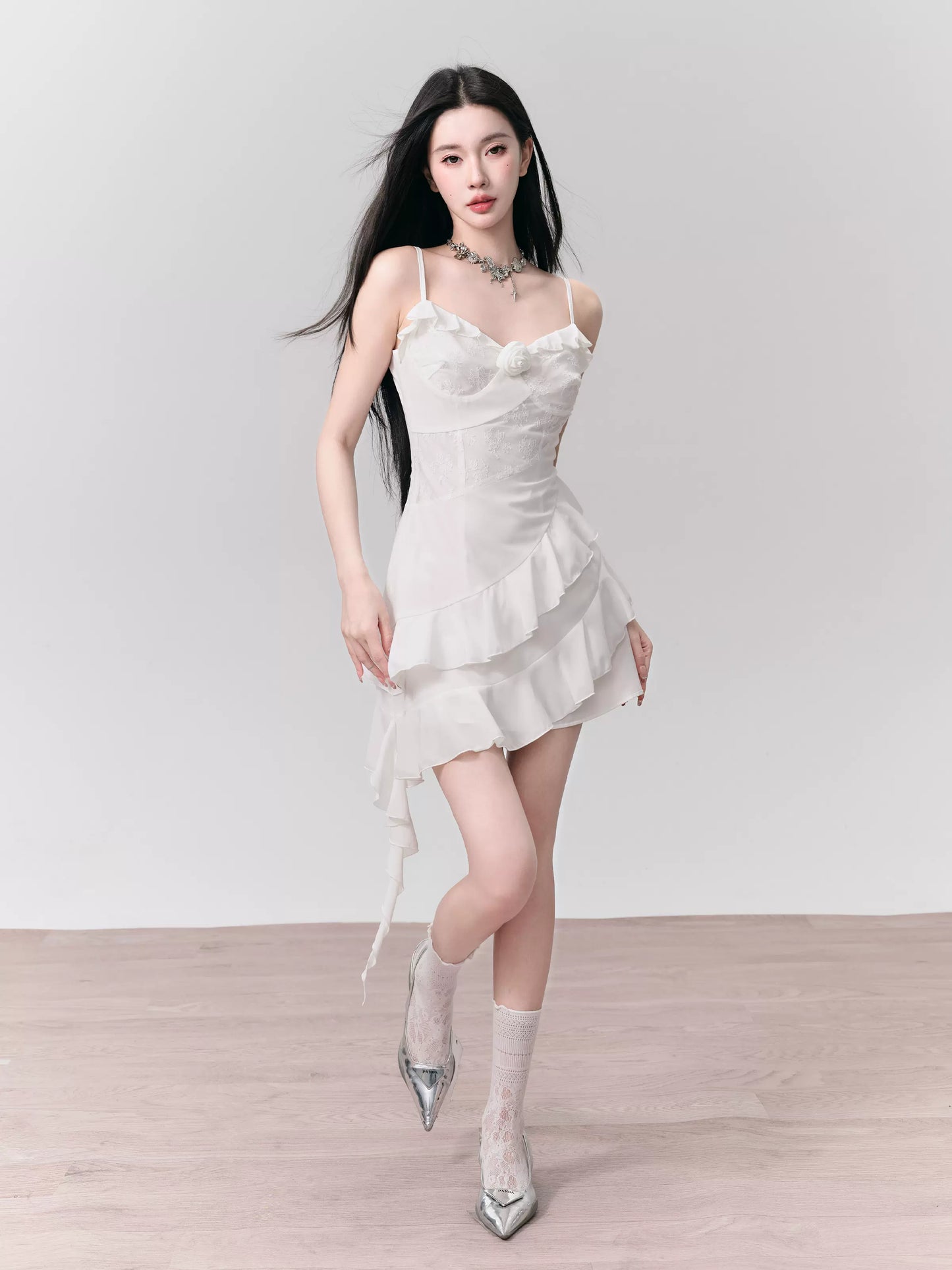 Rose Corsage Asymmetric Ruffled Short Chiffon Dress