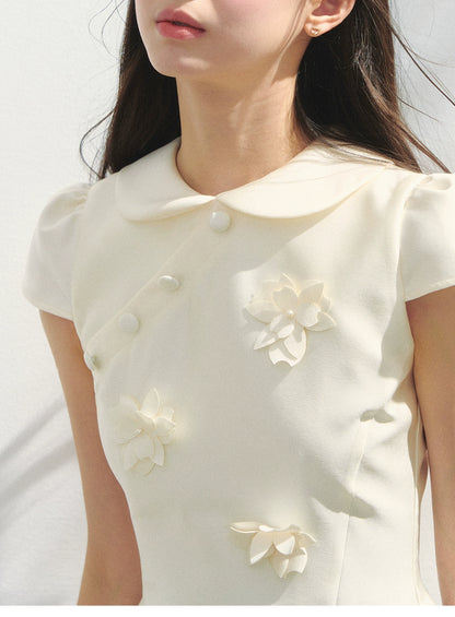 Round-Collar Mini Dress With Floral Embellishments