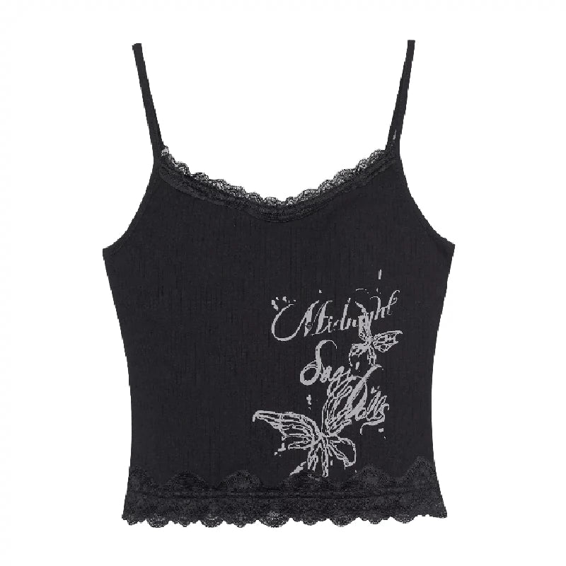 Printed Ribbed Short Camisole Top With Lace Trim