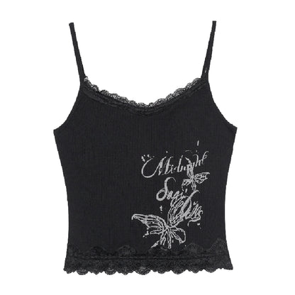 Printed Ribbed Short Camisole Top With Lace Trim