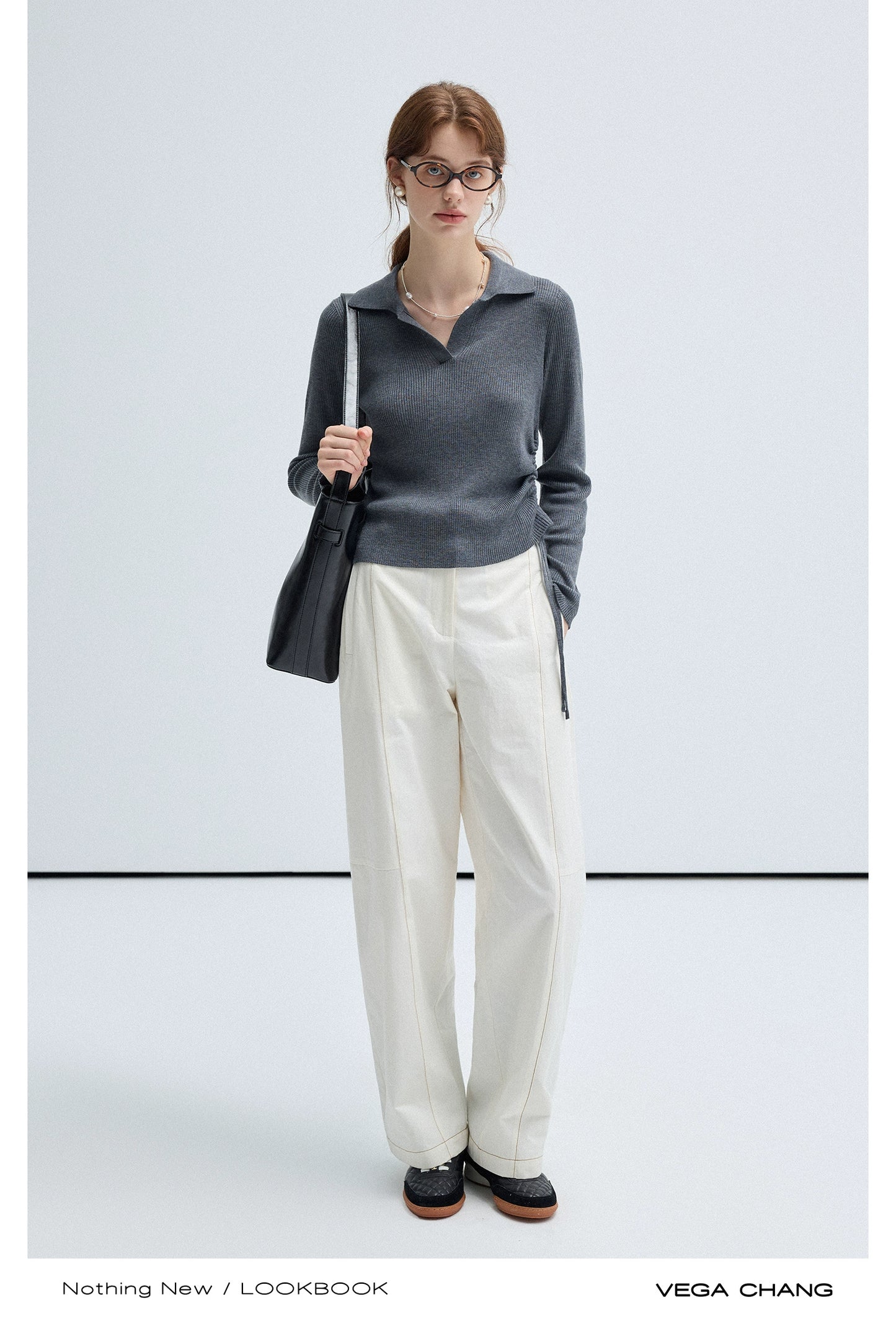 Plain Polo Rib Knit Top And Flared Slim Pants