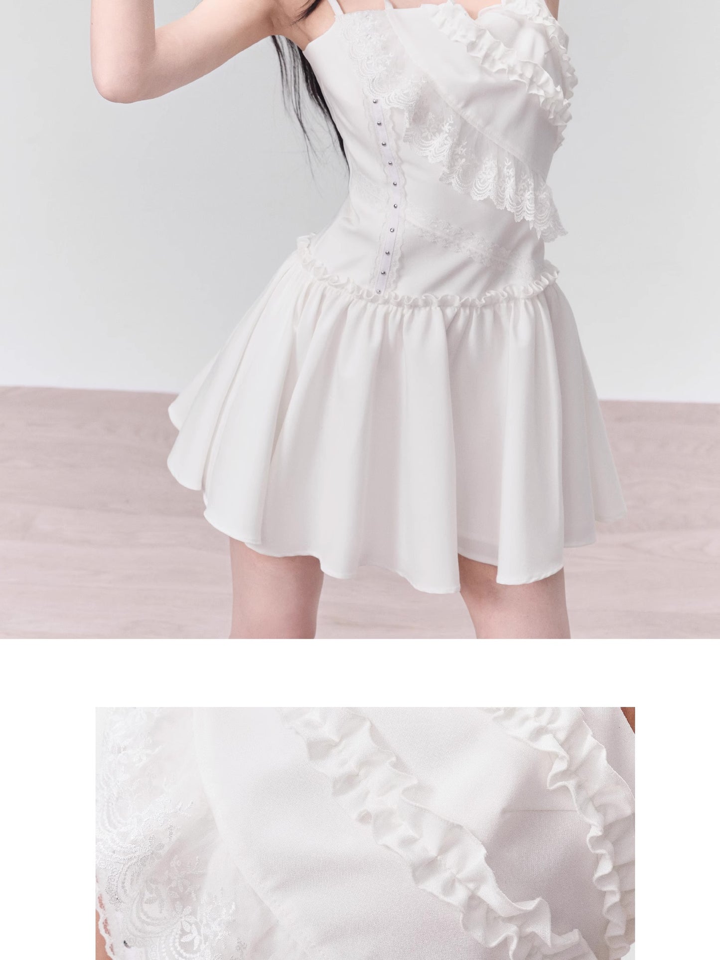 Double Straps Lace Ruffled Flared Mini Dress