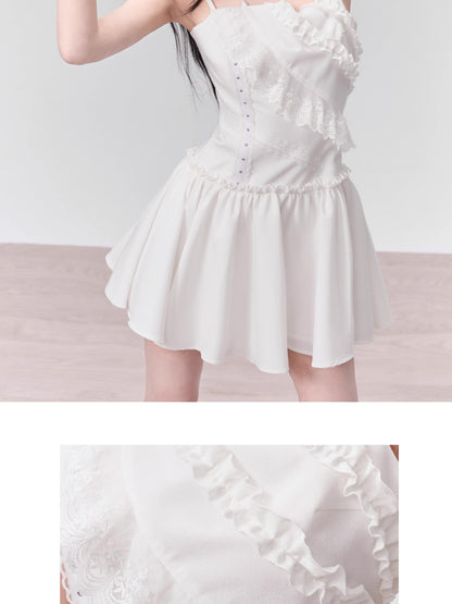 Double Straps Lace Ruffled Flared Mini Dress