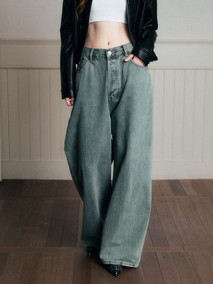 Washed Mid-Rise Wide-Leg Denim Jeans