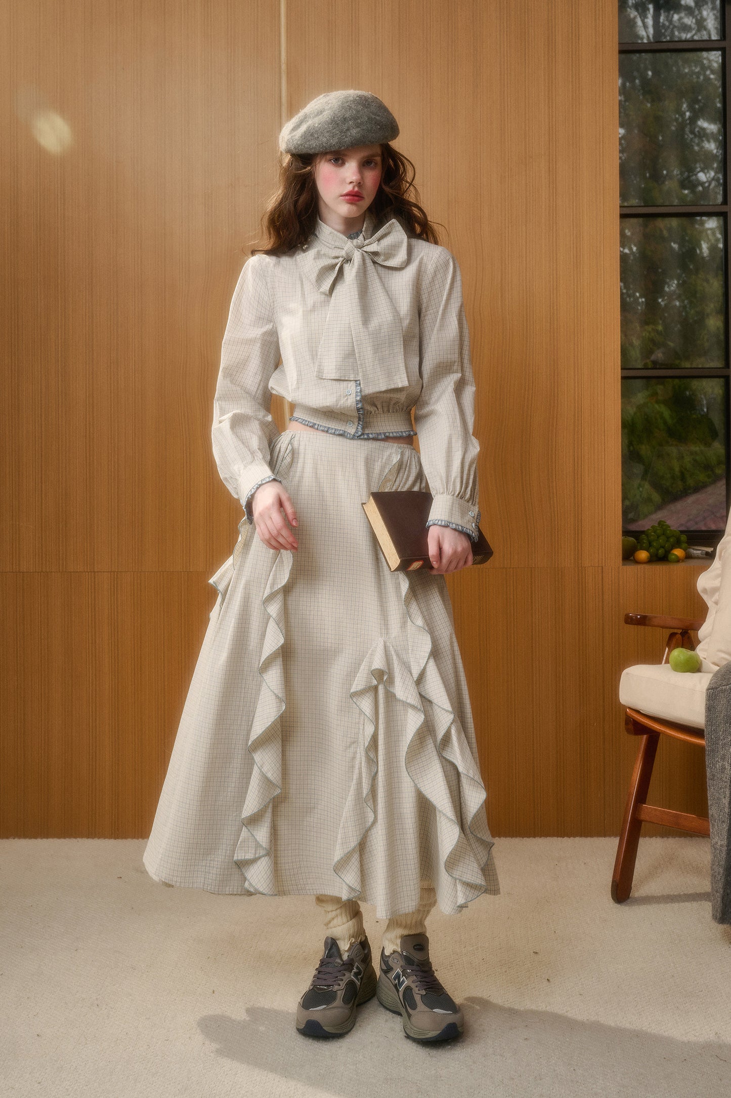 Check Ribbon Blouse & Ruffle Skirt