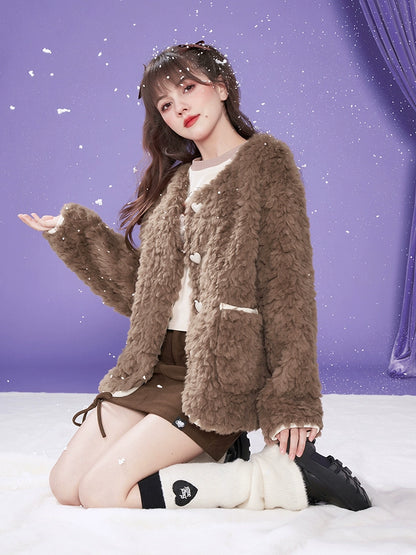 Faux Fur Jacket With Heart Buttons And Pockets