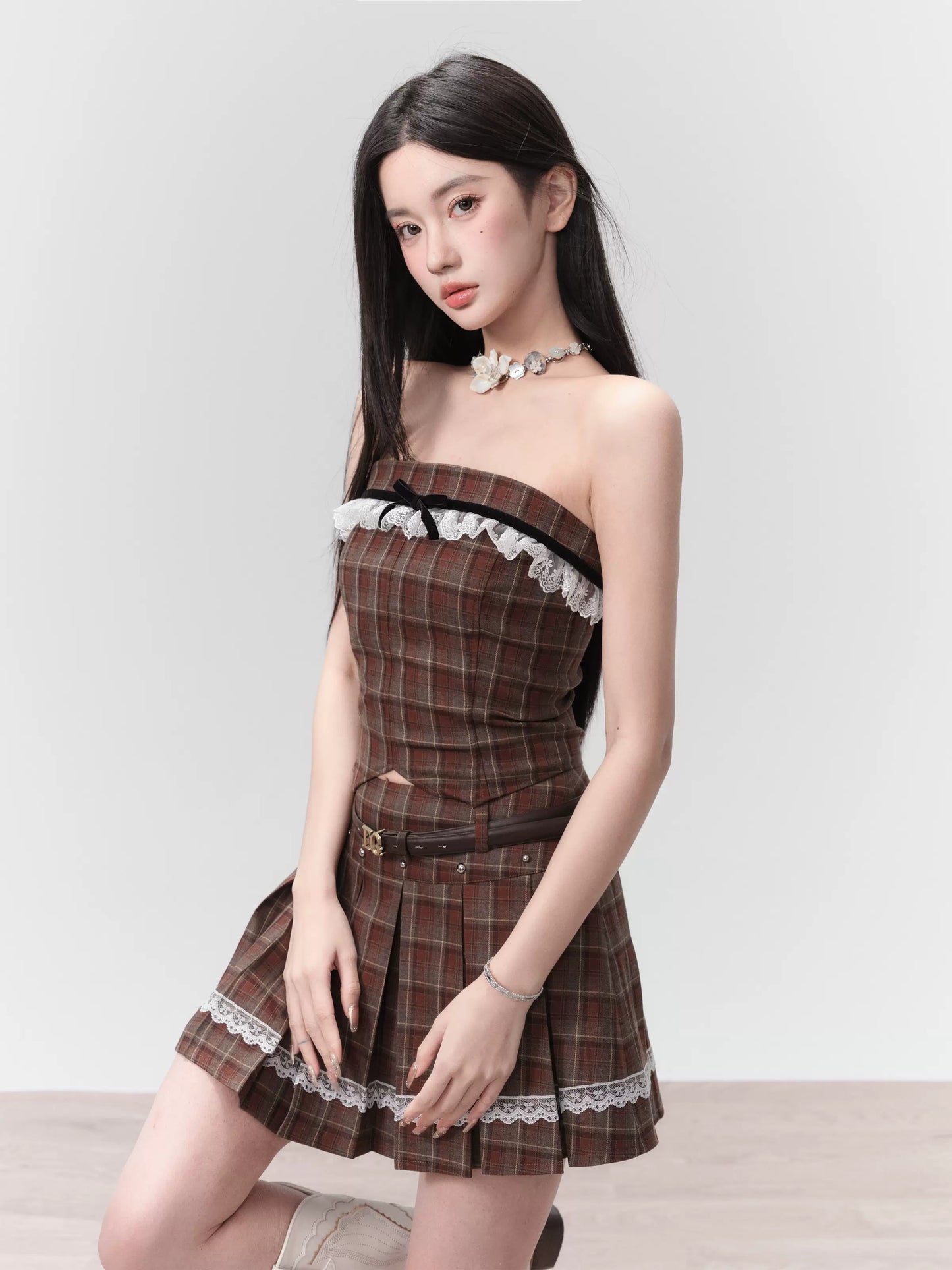 Mix And Match Plaid Frilled Tube Top And Pleated Mini Skirt