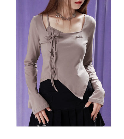 Layered-Look Open Neck Lace Up Long Sleeved T-Shirt