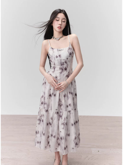 Rose Floral Smudged Ink Style Long Camisole Dress