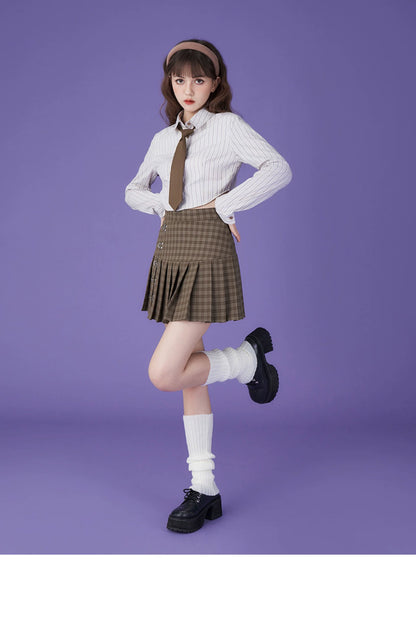 College Style Plaid High Waist Pleated Skirt With Clasps