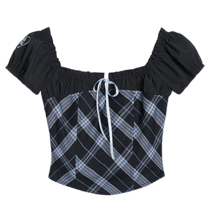 Plaid Two-Way Puff Sleeves Top And Tiered Skirt With Bows