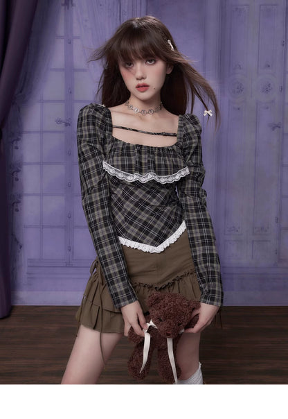 Square Collar Plaid Long-Sleeved Shirt Blouse