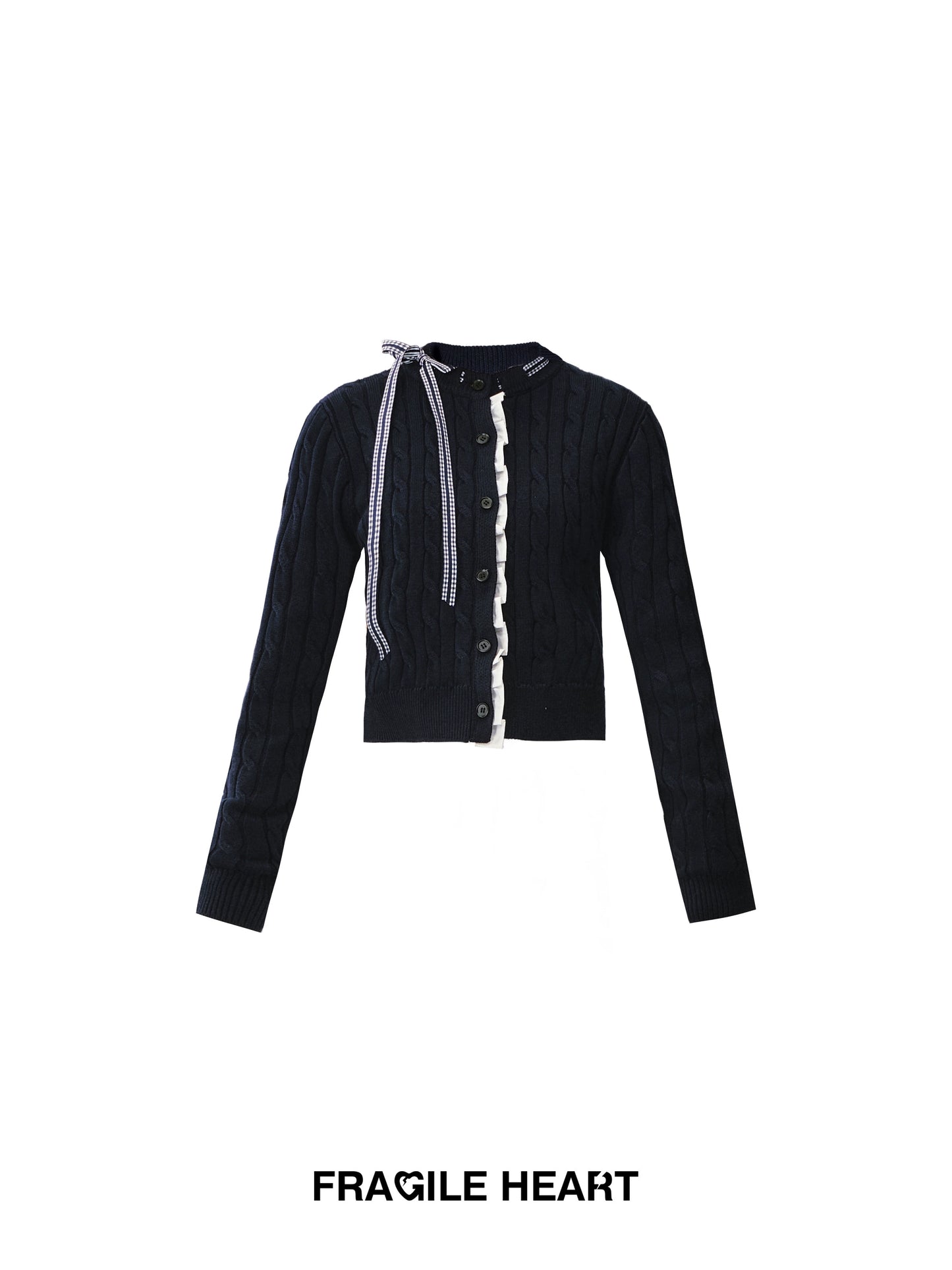 Ruffled Cable Knit Cardigan With Plaid Ribbon Detail