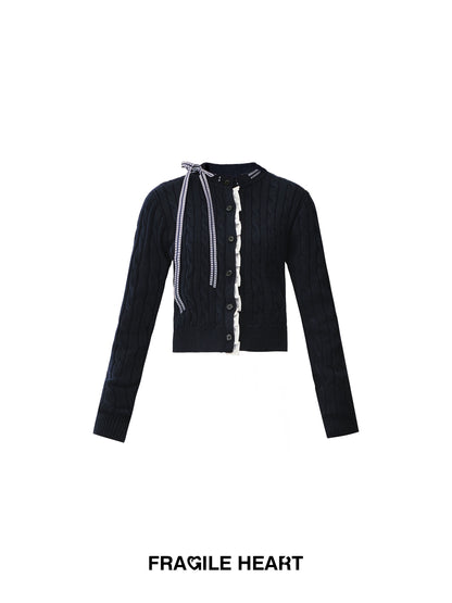 Ruffled Cable Knit Cardigan With Plaid Ribbon Detail