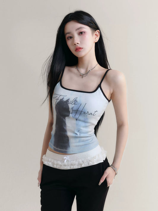 Cat Print Contrast Color Fitted Camisole Top