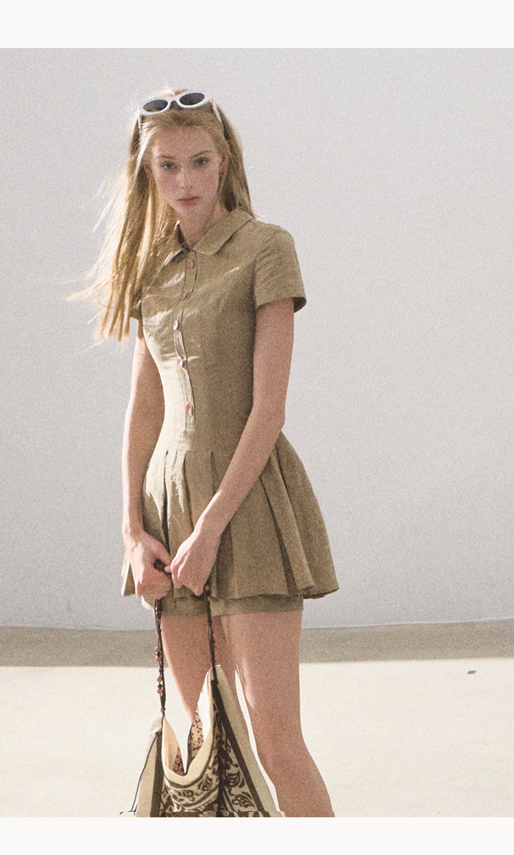 Pleated Stripe Textured Shirt Dress With Inner Shorts