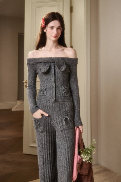 Off-Shoulder Pointelle Knit Top & Pants With Bow Details
