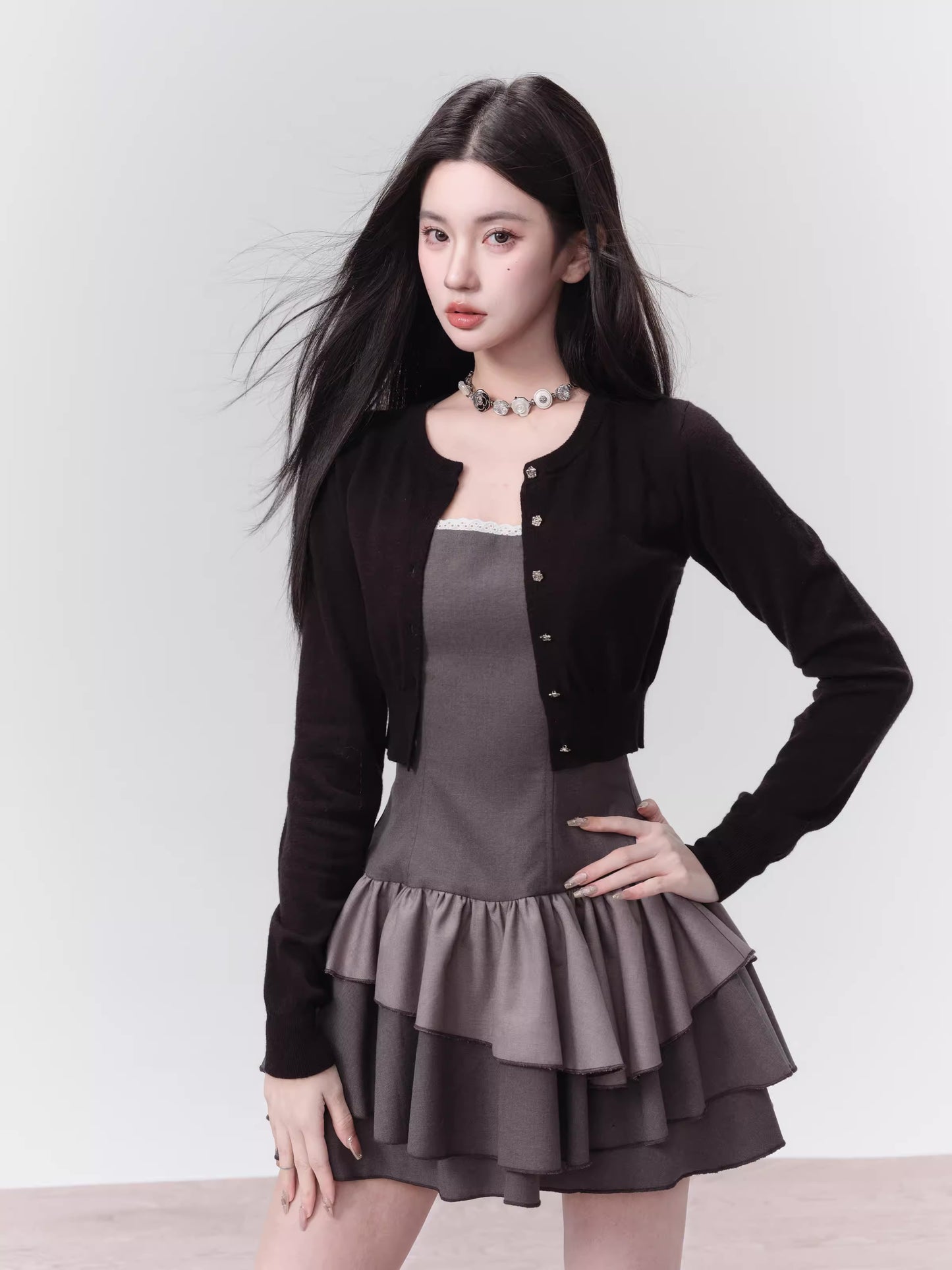 Soft Cropped Ribbed Hem Cardigan With Rose Metal Buttons